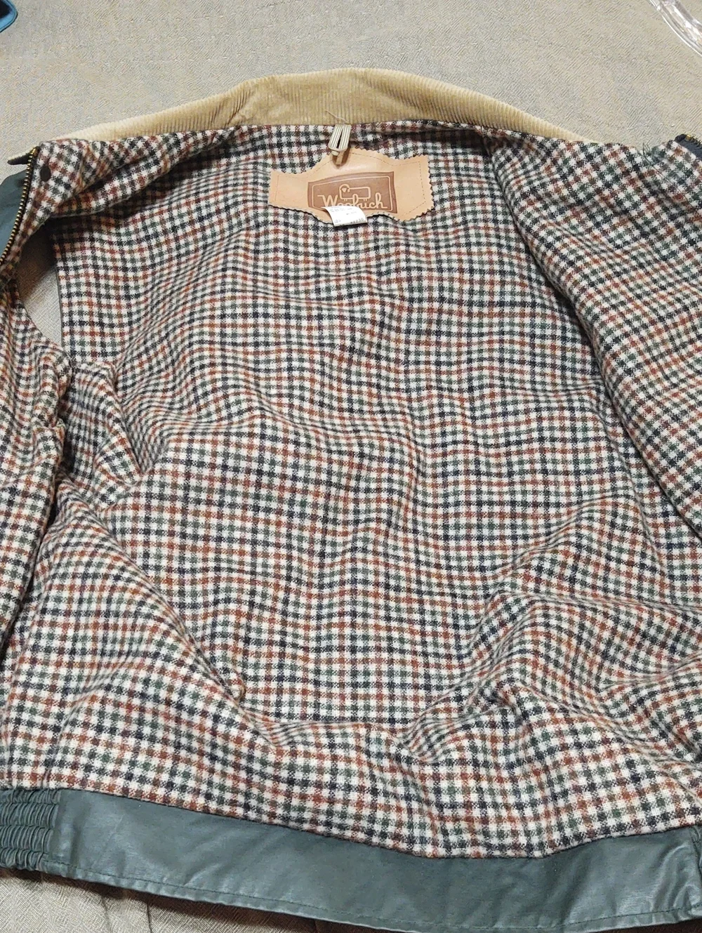Vintage Woolrich Men's Waxed Cotton Plaid Wool Lined Corduroy Collar Green XL